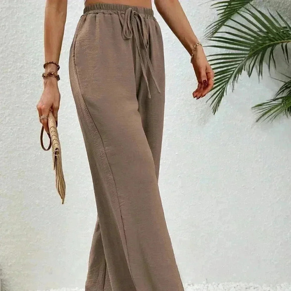 Coffee Brown Casual Women's Summer Drawstring Elastic Waist Wide Leg Pants - Picture 5 of 6